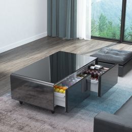 Modern Smart Coffee Table with Built-in Fridge; Bluetooth Speaker; Wireless Charging Module; Touch Control Panel; Power Socket; USB Interface; Outlet (Color: as Pic)