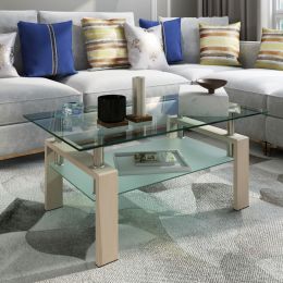 Rectangle Walnut Glass Coffee Table, Clear Coffee Table,Modern Side Center Tables for Living Room, Living Room Furniture (Color: Oak Tube)