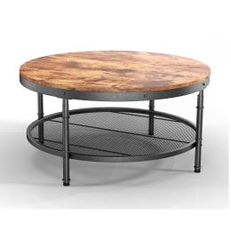 WESOME 2-Tier Single Panel Round Coffee Table for Living Room and Bedroom;  with 3D Texture Metal Frame and Mesh (Color: Rustic Brown)