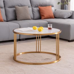 Sintered stone round coffee table with golden stainless steel frame (Color: Gold)