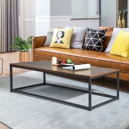 43.3in Modern Industrial Style Rectangular Wood Grain Top Coffee Table w/ Metal Frame (Color: Walnut)