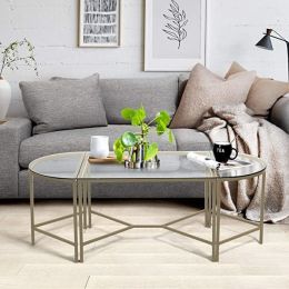 Combination Coffee Table Set Plus 2 End Side Table 3 Different Usage with Glass Top (Color: Gold)