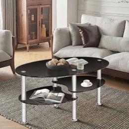 Tempered Glass Oval Side Coffee Table (Color: Black)