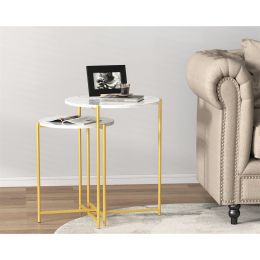 Modern Faux Marble Top Round Nesting Coffee Table; 2 Piece (Color: Gold, Material: Wood, Metal, Marble)