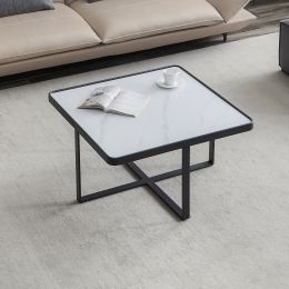 Minimalism Square coffee table; Black metal frame with sintered stone tabletop (Color: Black)