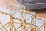 3 Pieces Gold Square Nesting Glass End Tables- Small Coffee Table Set- Stainless Steel Small Coffee Tables with Clear Tempered Glass- 18" Modern Minim