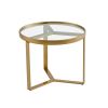 Modern coffee table; Golden metal frame with round tempered glass tabletop